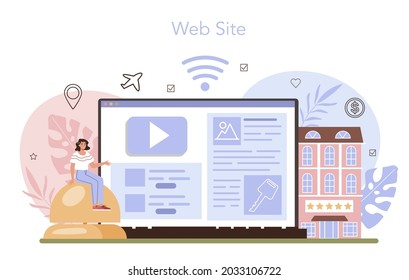 Booking a hotel online service or platform. Booking apartment for vacation. Affordable modern hostel service. Website. Flat vector illustration