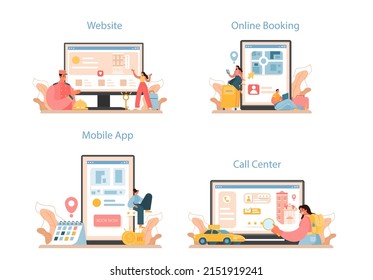 Booking a hotel online service or platform set. Traveling and tourism planning. Booking apartment for vacation abroad. Online booking, call center, mobile app, website. Flat vector illustration