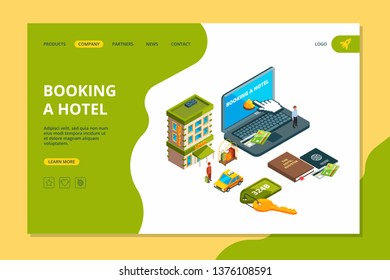 Booking hotel. Order online search reservation hotel room appartment for travellers isometric vector pictures