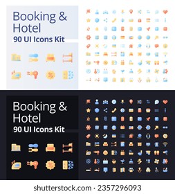 Reservar y el píxel perfecto color de gradiente plano del hotel ui iconos kit para el modo oscuro y claro. Alojamiento para turistas. Pictogramas RGB aislados por vectores. GUI, UX diseño para web, móvil. Fuente de Poppins utilizada