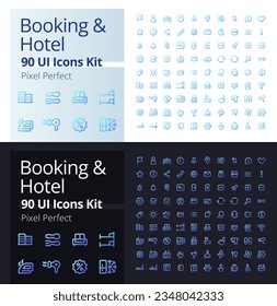 Booking and hotel pixel perfect gradient linear ui icons kit for dark, light mode. Rent room. Line contour user interface symbols. Modern style pictograms. Vector isolated outline illustrations