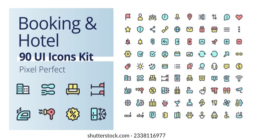 Booking and hotel pixel perfect RGB color ui icons kit. Accommodation for tourists. Rent room while travelling. Outline isolated user interface elements. Editable stroke. Poppins font used