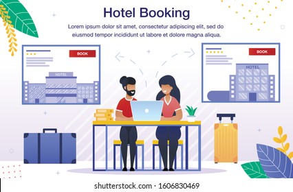 Booking Hotel Room Online, Planing Vacation or Honeymoon Travel Trendy Flat Vector Advertising Banner, Promo Poster Template. Happy Couple Using Laptop to Search and Reserve Best Hotel Illustration