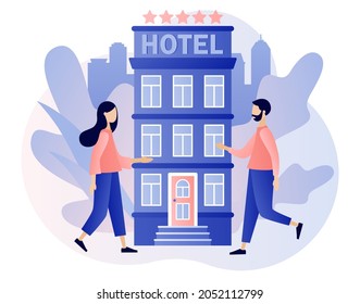 Booking hotel. Tiny people search and choose hotel or apartment online. Reservation application interface. Tourist and business trip. Modern flat cartoon style. Vector illustration on white background