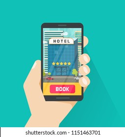 Booking Hotel Via Mobile Phone Vector Illustration, Flat Cartoon Smartphone With Hotel On Screen, Idea Of Online Reservation Via Cellphone