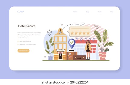 Booking a hotel web banner or landing page. Traveling and tourism planning. Booking apartment for vacation abroad. Affordable modern hostel service. Flat vector illustration