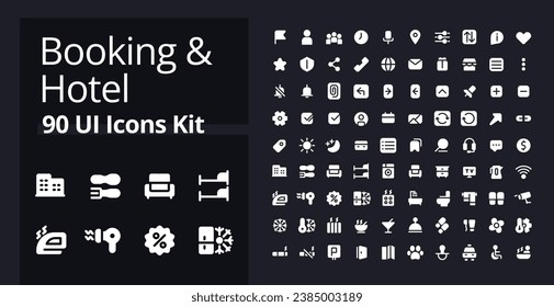 Booking and hotel white glyph ui icons kit for dark mode. Accommodation. Silhouette symbols on black background. Solid pictograms for web, mobile. Vector isolated illustrations. Poppins font used