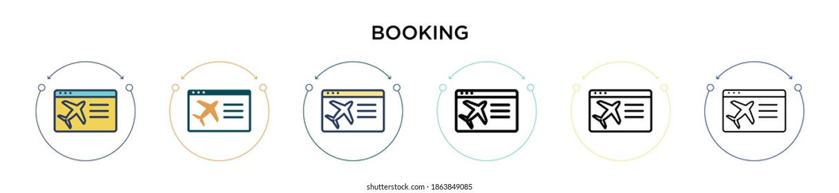 Booking icon in filled, thin line, outline and stroke style. Vector illustration of two colored and black booking vector icons designs can be used for mobile, ui, web