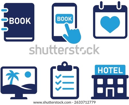 Booking icon set collection. Reservation, calendar, schedule, appointment, ticket, travel, hotel, flight, room, date, time, even. And solid icon set.