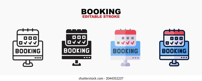 Booking icon set with different styles. Icons designed in filled, outline, flat, glyph and line colored. Editable stroke and pixel perfect. Can be used for web, mobile, ui and more.