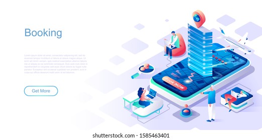 Booking landing page vector template. Ordering boarding tickets website header UI layout with isometric illustration. Tourism agency, departure for vacation web banner isometry concept