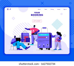 Booking landing page vector template. Ordering boarding tickets website header UI layout with flat illustration. Tourism agency, departure for vacation web banner flat concept