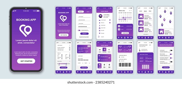 Reserva de un juego de plantillas de pantallas de interfaz de aplicaciones móviles. Cuenta en línea, inicio de sesión, pedido de boleto de hotel o vuelo, ubicación en el mapa, configuración. Paquete de interfaz de usuario, UX, kit de interfaz de usuario para diseño web de aplicaciones. Diseño de vectores.