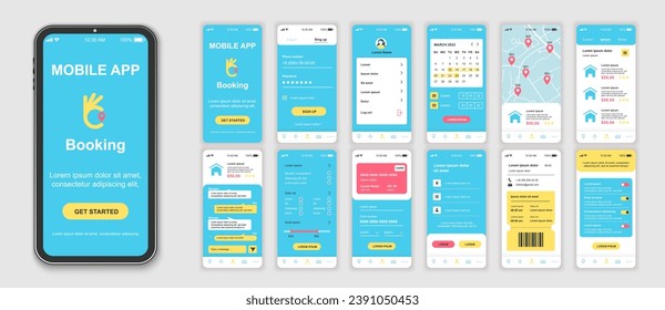 Booking mobile app interface screens template set. Account login, calendar, map locations, searching hotel room, flight ticket order. Pack of UI, UX, GUI kit for application web layout. Vector design.