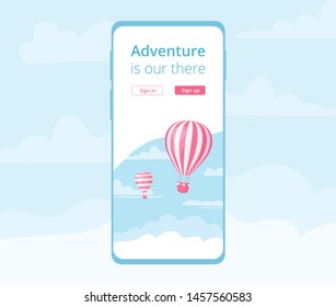 Booking mobile application hot air balloon vector illustration. Mobile phone screen with application ui template for online travel booking with red hot air balloon on blue mountain landscape.
