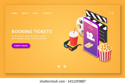 Booking movie tickets using a mobile application. Flat vector illustration in isometric style.