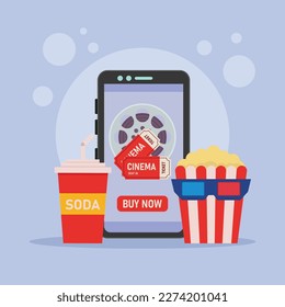 Booking movie tickets using a mobile application 2d vector illustration concept for banner, website, illustration, landing page, flyer