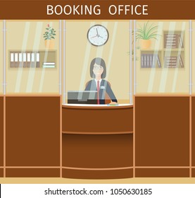 Booking office design with woman employee at the counter. Workplace of booking-clerk with clock and bookshelf.