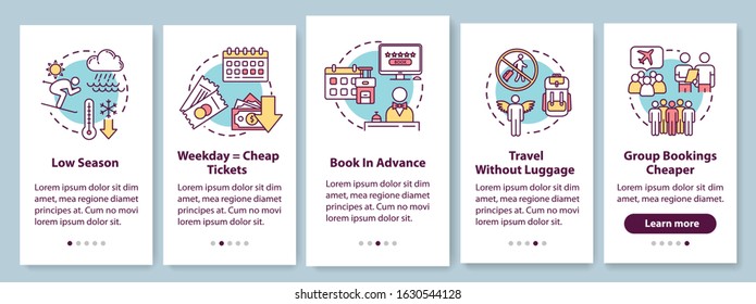 Booking onboarding mobile app page screen with concepts. Travel without luggage. Low season. Budget traveling walkthrough five steps graphic instructions. UI vector template, RGB color illustrations