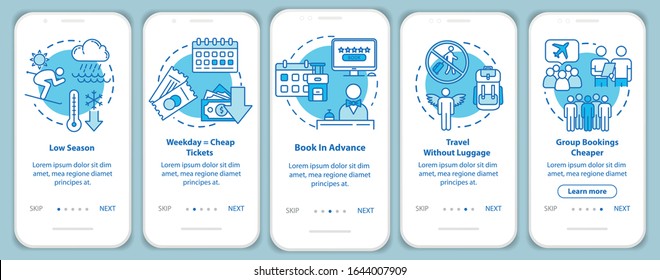 Booking onboarding mobile app page screen with concepts. Economy. Low cost airlines. Cheap tourism walkthrough five steps graphic instructions. UI vector template with RGB color illustrations