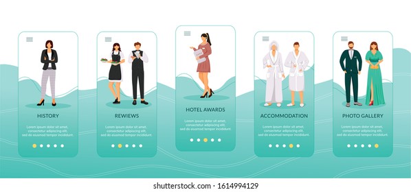 Booking onboarding mobile app screen vector template. Walkthrough travel website steps with flat characters. Hotel accomodation, service staff. UX, UI, GUI smartphone cartoon interface concept