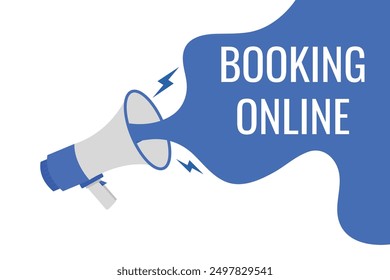 Booking Online button, banner, label, template for website. Booking Online text with colorful megaphone icon