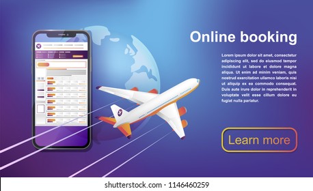 Booking online flights travel vector illustration. Buy ticket online web banner.  Business flights worldwide. Concept for web page, presentation, social media UI/UX development.