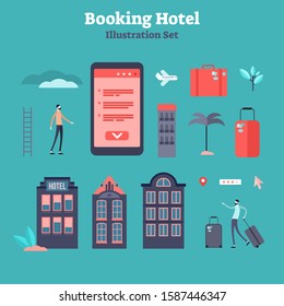 Booking Online Vector Design Elements Collection. Flat Mini Person With Electronic Purchase Confirmation. Hotel, Flight Ticket Or Insurance Reserve From Distance App For Vacation Holiday Tourism Trip.