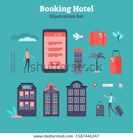 Booking online vector design elements collection. Flat mini person with electronic purchase confirmation. Hotel, flight ticket or insurance reserve from distance app for vacation holiday tourism trip.