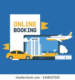 Booking Online Vector Illustration. Electronic Purchase Confirmation. Hotel, Resort, Flight Ticket Or Insurance Reserve From Distance For Vacation Holiday Tourism Trip. Book Online Poster.