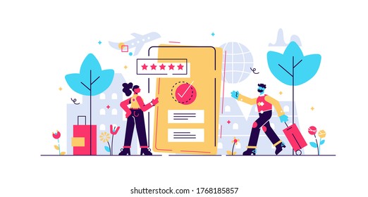 Booking Online Vector Illustration. Flat Mini Person Concept With Electronic Purchase Confirmation. Hotel, Resort, Flight Ticket Or Insurance Reserve From Distance For Vacation Holiday Tourism Trip.