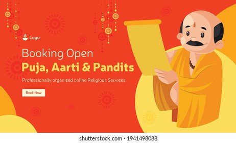 Booking open for puja, Aarti and pandits banner design. Vector graphic illustration.