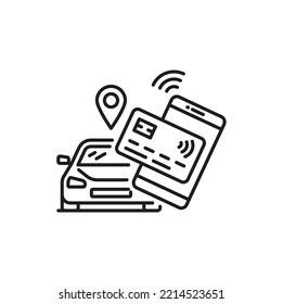 Booking And Payment For A Parking Space Using A Smartphone Isolated Vector Linear Icon. Online Payment Application. Pay Online Parking Lot By Phone And Card