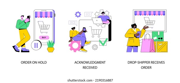 Booking processing abstract concept vector illustration set. Order on hold, acknowledgment received, drop-shipper receives order, payment confirmation, online purchase shipping abstract metaphor.