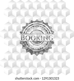 Booking realistic grey emblem with cube white background