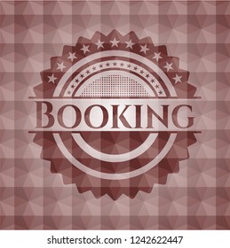 Booking red badge with geometric pattern background. Seamless.