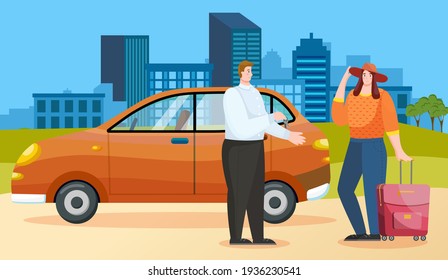 Booking and renting car for trips around world. Woman is talking to landlord about traveling