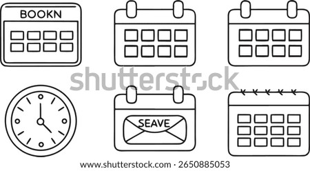 Booking and reservation icon set, includes calendar, confirmation email, reserved sign, seat selection, booking form, clock, clean editable black line icons
