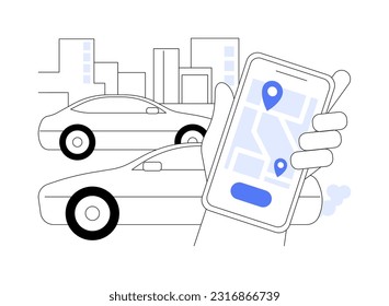 Booking a ride abstract concept vector illustration. Person with smartphone sets taxi pick up point, booking a car ride, usage of commercial city transport, urban vehicle order abstract metaphor.