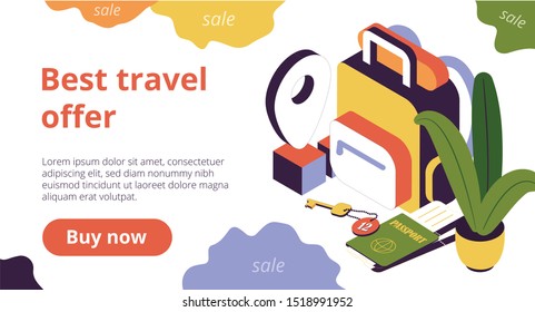 Booking rooms in hostels and hotels isometric web page with luggage and passport 3d vector illustration