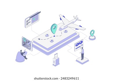 Booking service isometric concept in outline isometry design for web. People choosing vacation routes, travel agency offers destinations for recreation and flight reservation. Vector illustration.