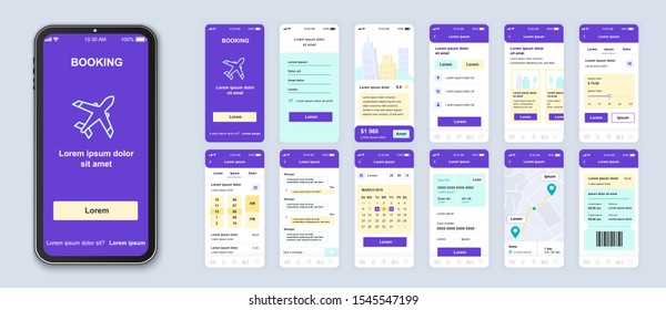 Booking smartphone interface vector templates set. Travel app web page purple design layout. Pack of UI, UX, GUI screens for planning trip application. Phone display. Web design kit