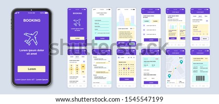 Booking smartphone interface vector templates set. Travel app web page purple design layout. Pack of UI, UX, GUI screens for planning trip application. Phone display. Web design kit