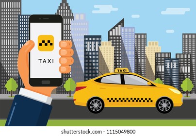 Booking taxi cab via mobile app. Hand holds the phone with taxi service and city skyscrapers  with yellow car on background. Vector flat illustration. 