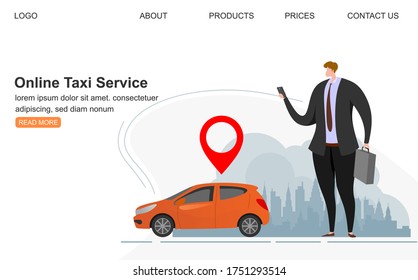 Booking taxi online concept design. Flat illustration of young men and women standing near big smartphone and using their own smart phones for ordering taxi cab via mobile app and paying online