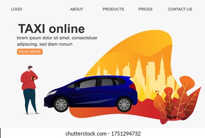 Booking taxi online concept design. Flat illustration of young men and women standing near big smartphone and using their own smart phones for ordering taxi cab via mobile app and paying online