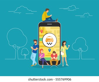 Booking taxi online concept design. Flat illustration of young men and women standing near big smartphone and using their own smart phones for ordering taxi cab via mobile app and paying online.