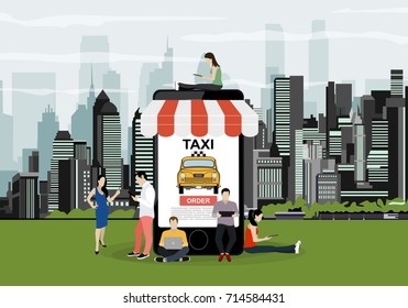 Booking taxi online concept design. Flat illustration of young men and women standing near big smartphone and using their own smart phones for ordering taxi cab via mobile app and paying online