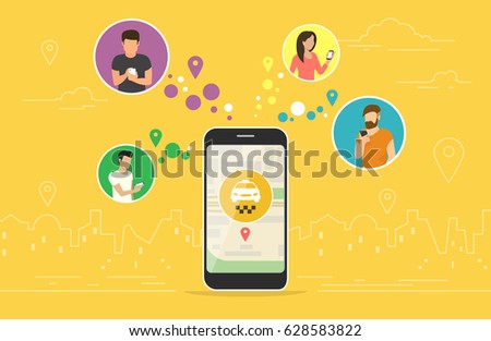 Booking taxi online concept design. Flat vector illustration of young men and women in circle icons using smartphone mobile app for ordering taxi vehicle via application online. Yellow banner for web