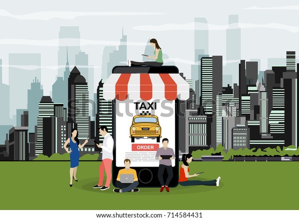 Booking taxi online concept design. Flat\
illustration of young men and women standing near big smartphone\
and using their own smart phones for ordering taxi cab via mobile\
app and paying online